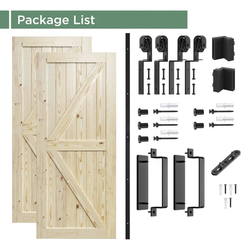 Double 30x80 Inch Solid Wood Barn Door Kit With Bypass Sliding Hardware For 51x80 Inch Opening, Unfinished Surface Ready To Stain