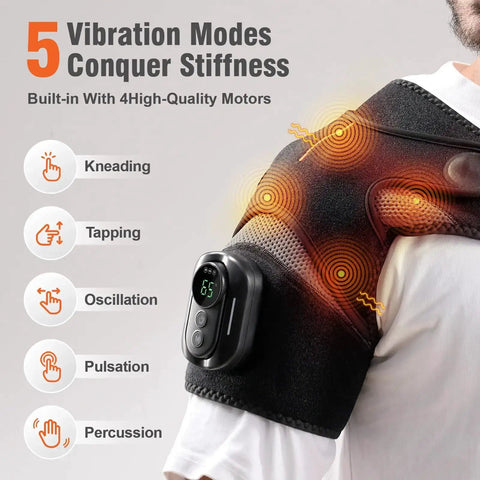 Cordless Shoulder Heating Pad With Detachable Remote, Five Heat Levels And Five Vibration Modes on shoulder showing featured modes