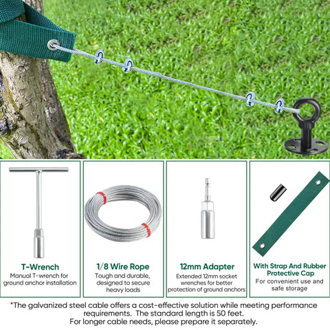 18 Inch Ground Anchors Screw In Heavy Duty Shed Anchor Kit with straps, steel cable, T-wrench, 12mm adapter, protective cap