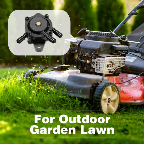 Four Pack Lawn Mower Fuel Pumps Replacement Kit For Easy Starts No Fuss Durable Black Pumps Compatible With 491922 691034 692313 808492 808656 808281 Engines Save Time And Energy On Yard Work shown next to a red lawn mower on grass.