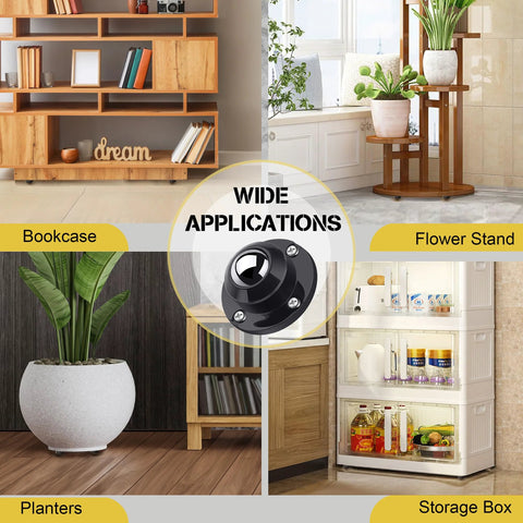 PlusRoc 8-pack stainless steel self-adhesive caster wheels; anti-rust, 28 lb per wheel, shown on bookcase and planter.