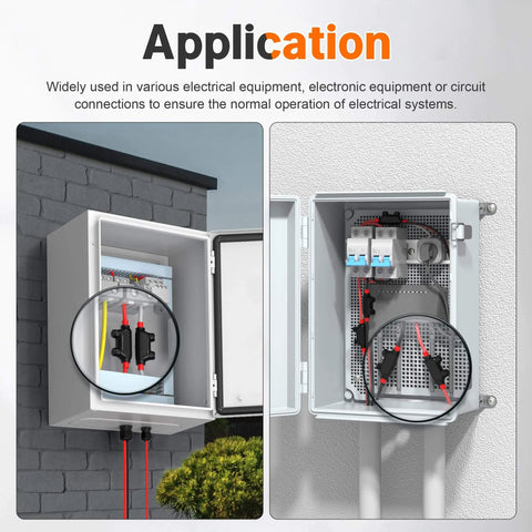 Insulated Inline Splice Connector For 2/0 To 6 Gauge Wiring installed in electrical panel, illustrating application use.