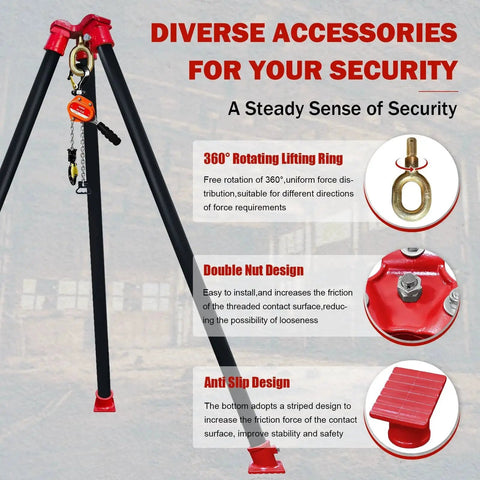 4400 Lbs Tripod Head And Base Set With 360 Rotation Ring For Hand Chain Hoists showcasing security features and tripod design