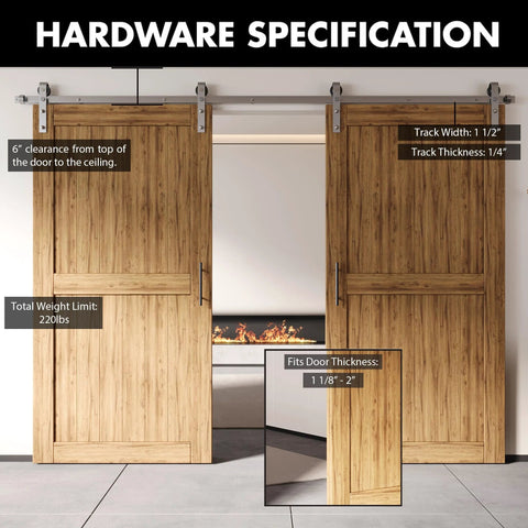 Brushed Nickel Non-Bypass Sliding Barn Door Hardware Kit For Double Doors, 10ft Long Flat Track, Classic Roller Design, Installed View