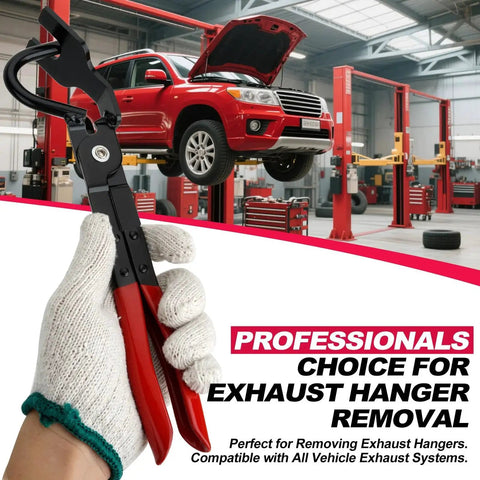 Hand holding Exhaust Hanger Removal Tool Non Slip Grip Heavy Duty 25 Degree Offset Jaw, with a car on lift in background.