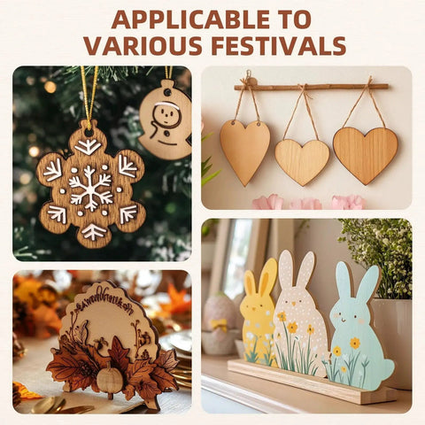Collage of festive ornaments including snowflake, heart-shaped wood decor, pumpkin design, and bunny figures for various holidays.