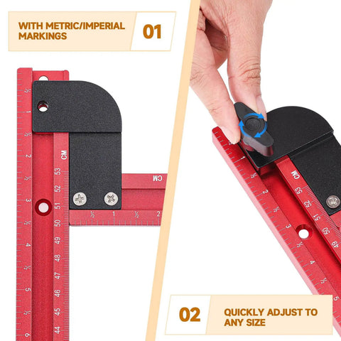 Close-up of adjustable Juice Groove Router Jig with metric markings and adjustment knob, used for precise woodworking grooves.