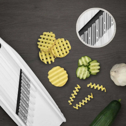 Premium XXL Wave Waffle Crinkle Cutter For Vegetables And Potatoes PowerLine White By Börner showing wavy mandoline slicer and crinkle cuts.