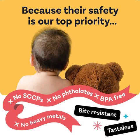 Baby and teddy bear with safety benefits of Transparent PVC Corner Protectors for baby safety and furniture edge guards.