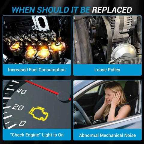 keriolee vacuum pump with pulley for Isuzu NPR; four-panel graphic shows loose pulley and check engine light.