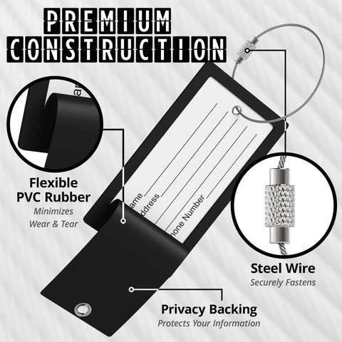 Initial Luggage Tag With Fully Bendable Design And Stainless Steel Loop, showing flexible PVC rubber, privacy backing, and info card.