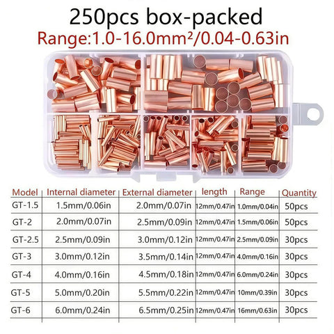 Premium Wire Ferrules Kit 250Pcs, 7 Size Non Insulated Copper Crimp Connectors with case and size chart visible
