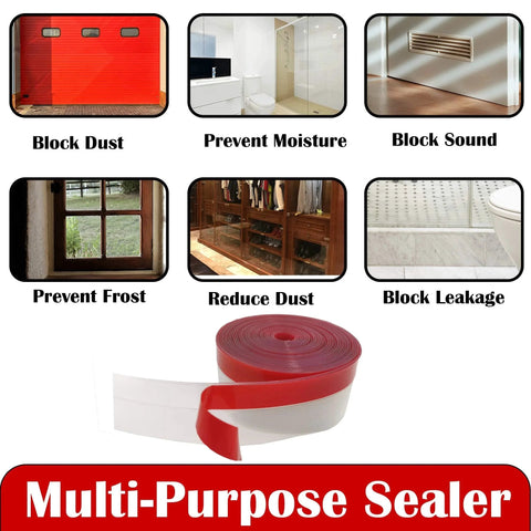 Clear Weather Stripping Tape for Doors by Brandzini Thick 35mm Wide Silicone Draft Seal Transparent 10m Per Pack Strong Adhesive Backing Enhanced Thick Strip 2 Pack shown with dust and moisture prevention benefits.