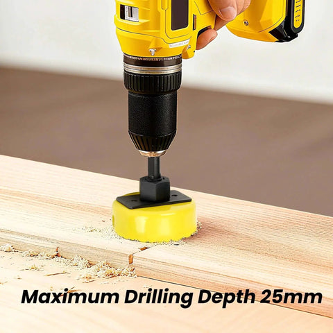 Yellow drill using Six Piece Premium Hole Saw Kit With Mandrels And Hex Key 1-1/4 To 2-1/8 Inch 32-54mm on wood