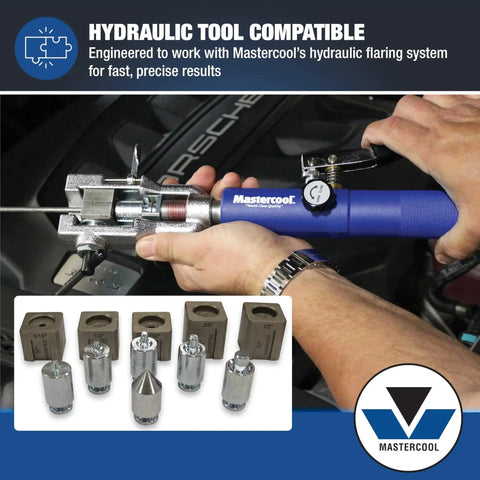 Person using hydraulic tool with 37 Degree Flare And Double Flare Adapter Kit For Hydraulic Tools 3/16 To 1/2 displayed below