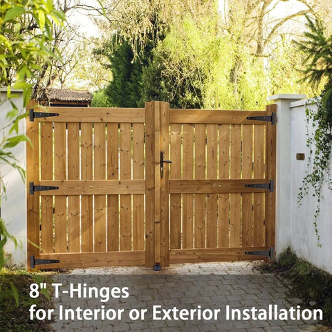 Wooden gate with 6 Pack 8 Inch T Strap Hinges Heavy Duty Shed Door Hinges Gate Strap Black Tee Hinge For Wooden Fences Yard Barn Doors Gates Durable Steel Construction