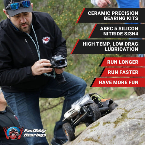 FastEddy Bearings ceramic bearing kit for Traxxas Slash 2WD; logo and man with RC car on rocks.