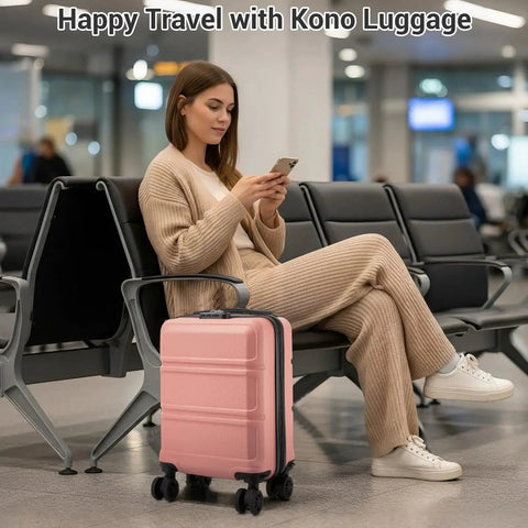 Woman at airport with Underseat Carry On Luggage That Fits In Most Airline Seats And Overhead Bins, 15 Inch PC ABS Nude Rose Pink Roller Case.