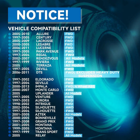 Vehicle compatibility list for Front Wheel Bearing Hub Assembly, including various GM models like Impala, Monte Carlo, and Grand Prix.