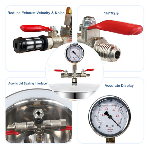 BACOENG 2-Quart vacuum chamber by Amazon with stainless steel fittings, pressure gauge, red-lever valves, acrylic lid seal.