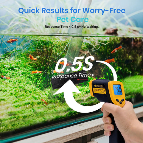 Lasergrip 1080 Infrared Thermometer For Kitchen Cooking Grilling And BBQ Bath Water Digital Temperature Gun Non Contact IR Thermometer -58F To 1130F Yellow And Black Etekcity pointed at aquarium water.