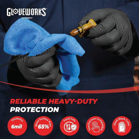 Black Nitrile Gloves Heavy Duty 6 Mil Latex Free With Raised Diamond Grip 100 in use, cleaning a nozzle with a blue cloth.