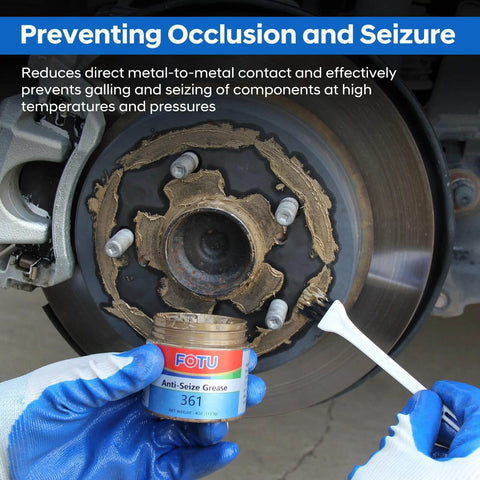 Applying anti-seize grease to a wheel hub using FOTU Anti-Seize Grease 361 to prevent galling and seizing at high temperatures.