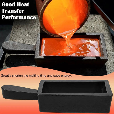 100 Oz Troy Ounce Cast Iron Ingot Mold Loaf Dope For Smelting And Pouring Gold Silver Copper Aluminum Brass Versatile Metal Casting Tool With Durable Handle For Melting And Refining showing hot metal being poured into mold