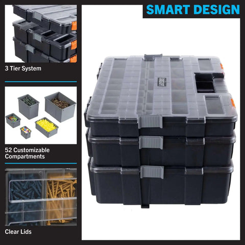 Three In One Portable Tool Box Organizer With Fifty Two Customizable Compartments For Hardware Craft Supplies Beads And Small Parts Grab And Go Three Tier Storage Case For Home Garage And Workshop