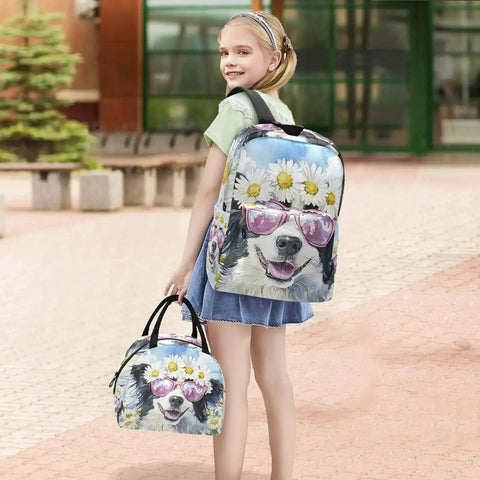 Young girl carrying Daisy Dog Backpack With Insulated Cooler Lunch Box, Lightweight Laptop Daypack Fits 15.6 Inch, Multi Pocket