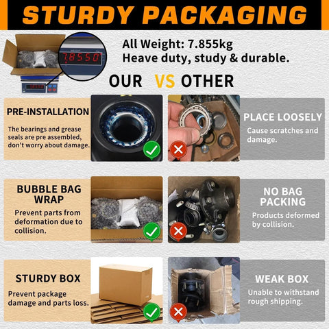 Comparison of packaging for Two Pack Heavy Duty Trailer Hub Kit for 3500 Lb Trailers showing pre-installed bearings and sturdy box