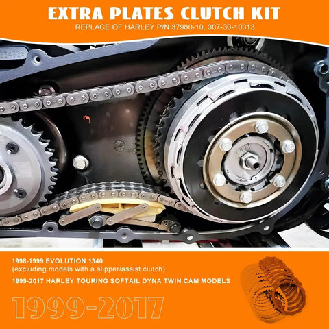 Installed view of Harley clutch kit: steel friction plates and pressure plate inside engine clutch housing (Twin Cam)