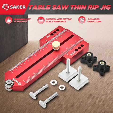 Thin Rip Jig Table Saw Guide For Repetitive Narrow Strip Cuts Built From Anodized Aluminum with components on a table