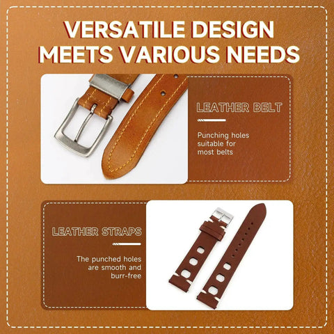 Heavy Duty Leather Hole Punch Set With 1mm To 10mm Holes, shown with leather belt and watch straps featuring clean punched holes.