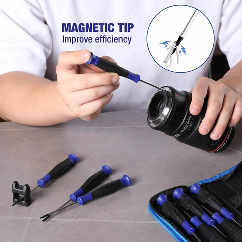 Using Magnetic Precision Screwdriver Set With Pouch on a camera lens, showing magnetized tip, 10 piece tiny screwdrivers visible in pouch