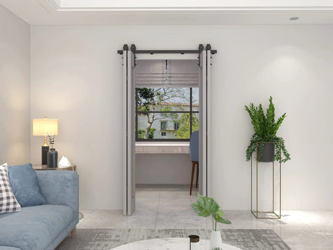 Heavy Duty Bi-Fold Barn Door Hardware Kit For Four Doors With Side Mounted Rollers Smooth Quiet Sliding Easy To Install Hinges Included To Create One Bi-Fold Door No Doors Included 51 Inch Span Built To Last Beefy Steel Track installed in living room