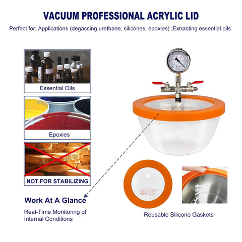 BACOENG 2.8 Qt vacuum chamber with Pyrex glass degassing bowl and orange silicone gasket with top pressure gauge