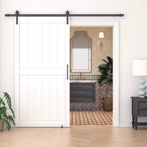 White Sliding Barn Door With 8 Foot Hardware Kit For Easy Assembly No Fuss Setup 48 By 84 Inches Waterproof PVC Surface installed in room
