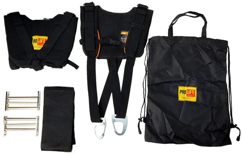 Front view: ProLift 3500 shoulder dolly lifting kit with padded two-person harnesses, carabiners, straps, bag.