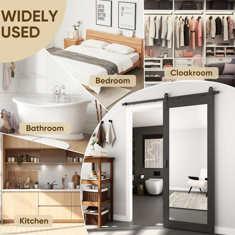 Black 32 Inch By 84 Inch Mirror Barn Door With Five Point Five Foot Sliding Hardware Kit Included No Assembly Required One Lite Full Length Solid Wood Waterproof PVC Surface shown installed in a modern room.