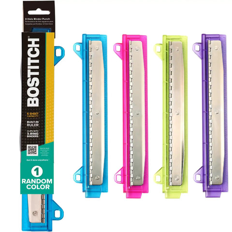 3 Hole Punch For Ring Binders With Integrated Ruler And Five Sheet Capacity in assorted colors: blue, pink, green, purple
