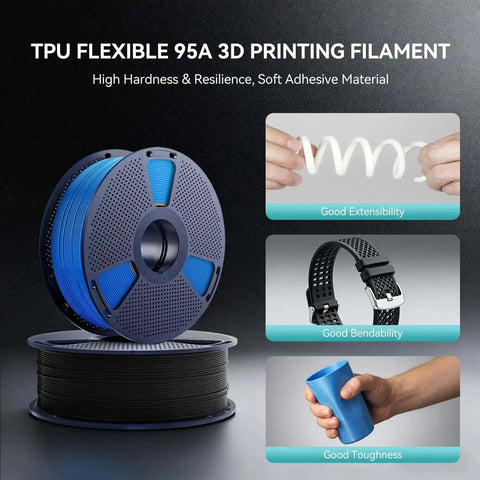 Go-To Flexible 1.75mm TPU Filament For 3D Printing Dope Soft Yet Tough 95A Pro Grade 1Kg Spool Dimensional Accuracy Within 0.03mm Fits Most FDM Printers Two Pack Black on display with examples of its flexibility.