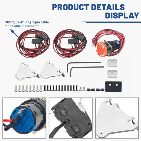 Limit Switch Kit With Emergency Stop For CNC Routers Featuring 6 Micro Switches 2 Pin Connector 80cm Cable displayed with components
