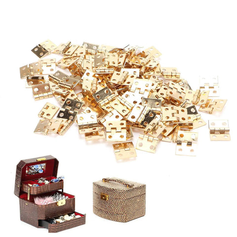 Brass Mini Hinge Set 100 Pieces With 400 Screws for jewelry boxes and miniature furniture, shown in a scattered pile with example boxes.