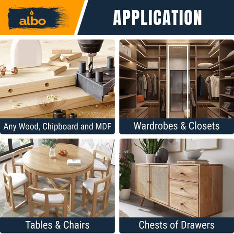 Application of any wood, chipboard, and MDF with examples: furniture joinery, wardrobe, dining tables, wooden drawer chest.