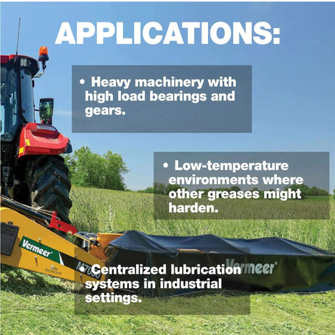 Applications for Performance Lithium EP0 Grease for Disc Mowers and Gear Boxes on farm machinery in a field.