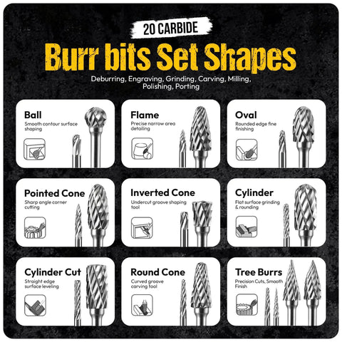 Diagram of 20 Piece Carbide Burr Set With One Eighth Inch Shank For Die Grinders Pro Grade Tungsten Bits, showing various shapes.