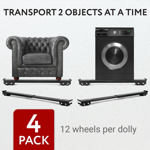 4-pack XL appliance dolly rollers in alloy steel, adjustable 18.5–28.75 in, for moving washing machines and a sofa.