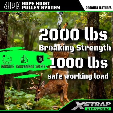 Heavy Duty Hoist With 50 Ft 4.5mm Poly Rope 2000 LB Breaking Strength 1000 LB Load Capacity Includes 2 Soft Loops