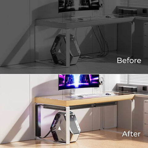 Before and after photo of a desk with the 62.8 Inch Cable Raceway Kit For Under Desk Cable Management Big Wire Channel For Gaming Desks And Server Racks Cord Organizer Tray Durable PVC Crush Resistant No Fuss Black installed, showing tidy under-desk cable organization.